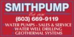 Solid red rectangle with words inside, SMITHPUMP, Est. 1936, (603) 669-9119, Water Pumps, Sales & Service, Water Well Drilling, Geothermal Systems