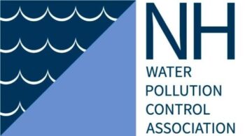 dark blue waves over light blue rectangle. NH water pollution control association